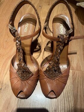 Fendi Brown Braided T-Strap Peep-Toe Heels